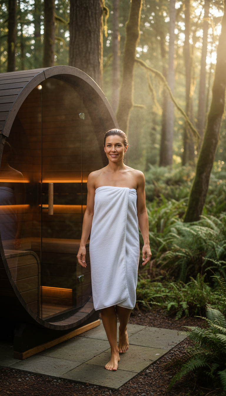 Nordic Edge brings the full contrast therapy experience directly to your Vancouver doorstep. Professional woman exiting a mobile sauna in an outdoor setting, looking rejuvenated and relaxed