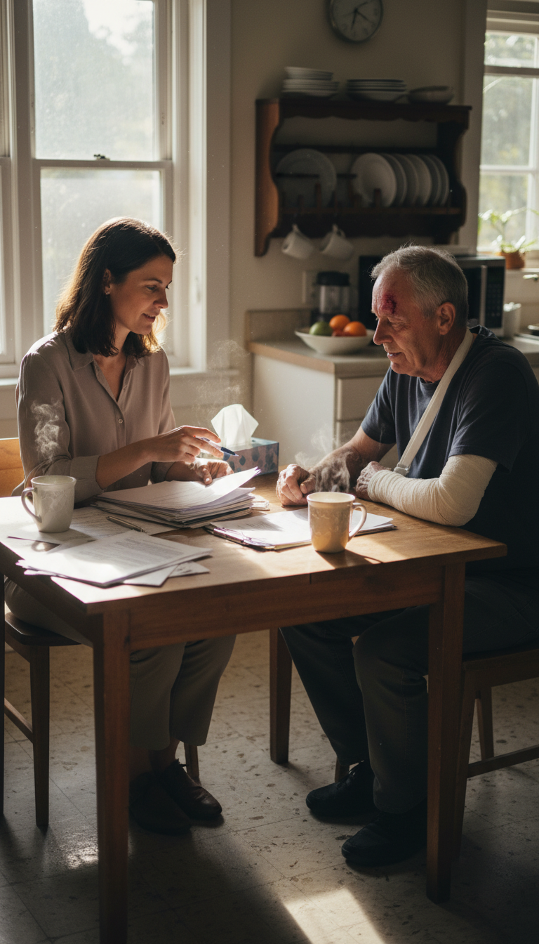 We bring professional intake services directly to your home in Cache Valley. A claims intake professional sitting at a kitchen table with an accident victim reviewing paperwork in a residential home.