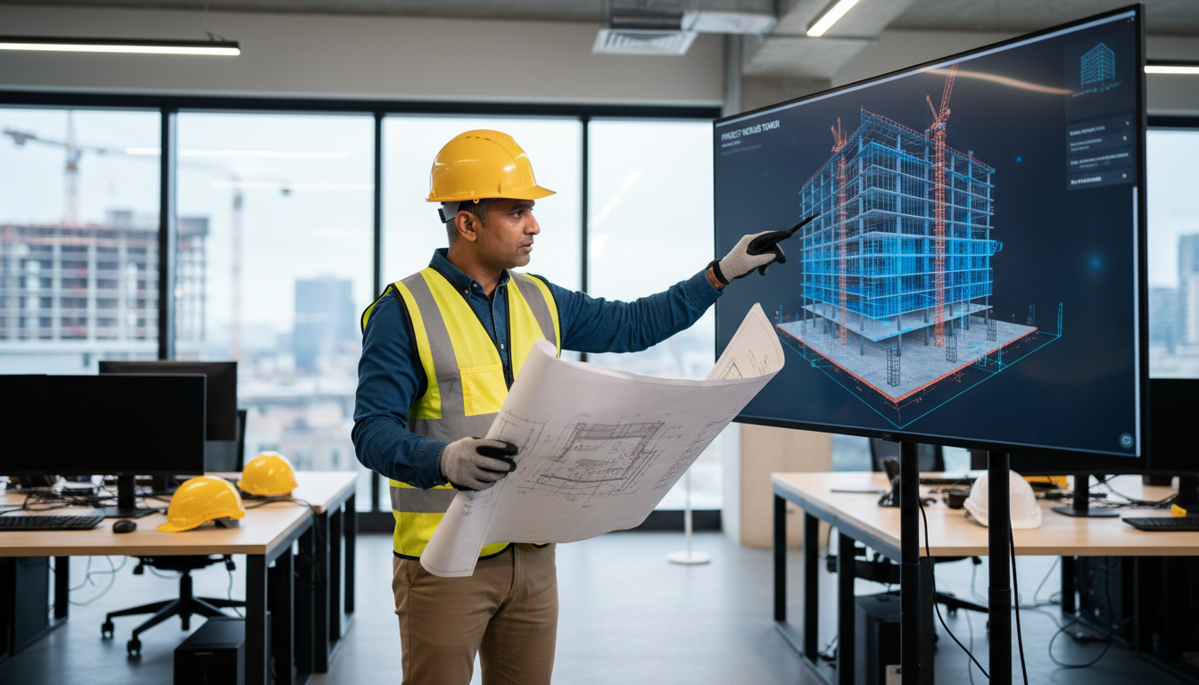 Point clouds allow for centimeter-accurate comparisons between design intent and actual site progress. Construction manager in Riyadh comparing site building plans with a digital 3D point cloud model on a large monitor.