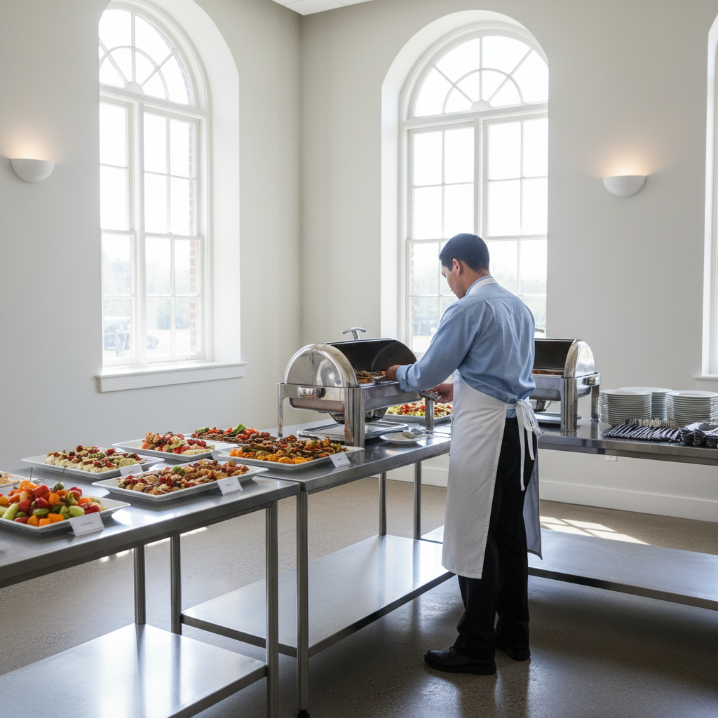 Professional setup ensures food safety and presentation are prioritized within your budget. A professional caterer setting up a clean and organized buffet station in a bright community room.