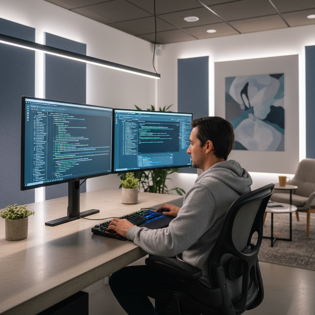AI website building is a collaboration between advanced algorithms and technical expertise. A developer working on dual screens in a modern office, showing the technical side of web development.