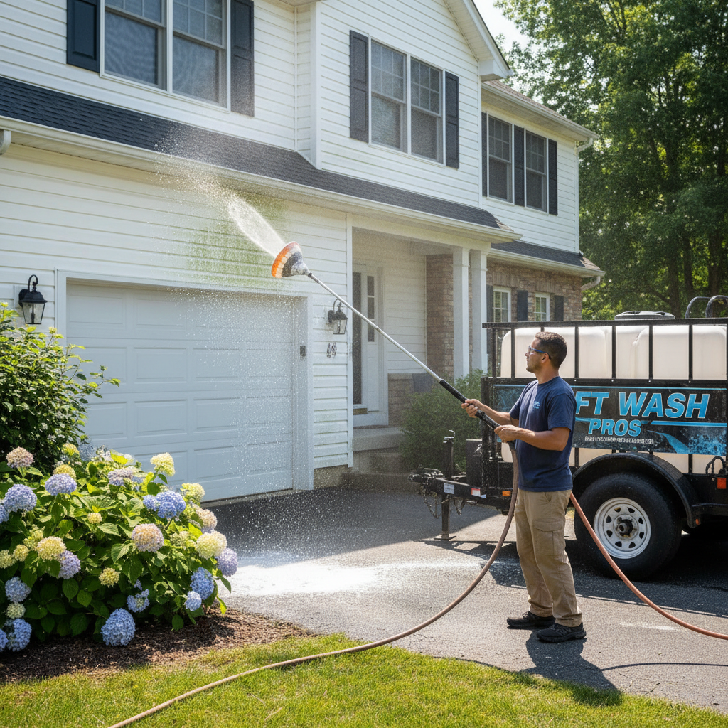 Soft washing uses low pressure and specialized solutions to safely treat surfaces during peak summer. A professional technician applying soft wash solution to a residential home exterior to safely remove algae.