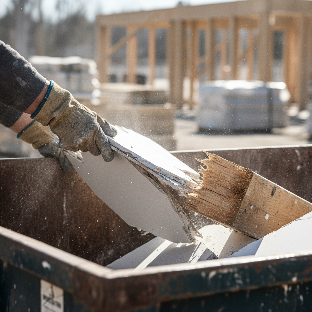 Handling the heavy lifting and messy disposal of kitchen and bathroom materials is best left to professionals. A worker wearing safety gloves tosses a piece of broken drywall and wood into a construction debris container.