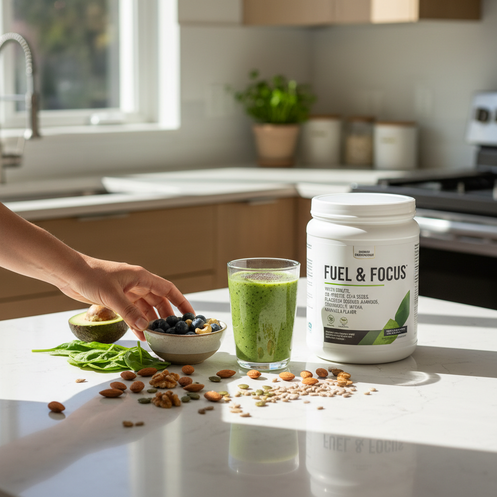 Collagen is a foundational protein that supports structure and strength throughout the body. Protein rich ingredients and a collagen supplement container on a kitchen counter with fresh nuts and a smoothie.