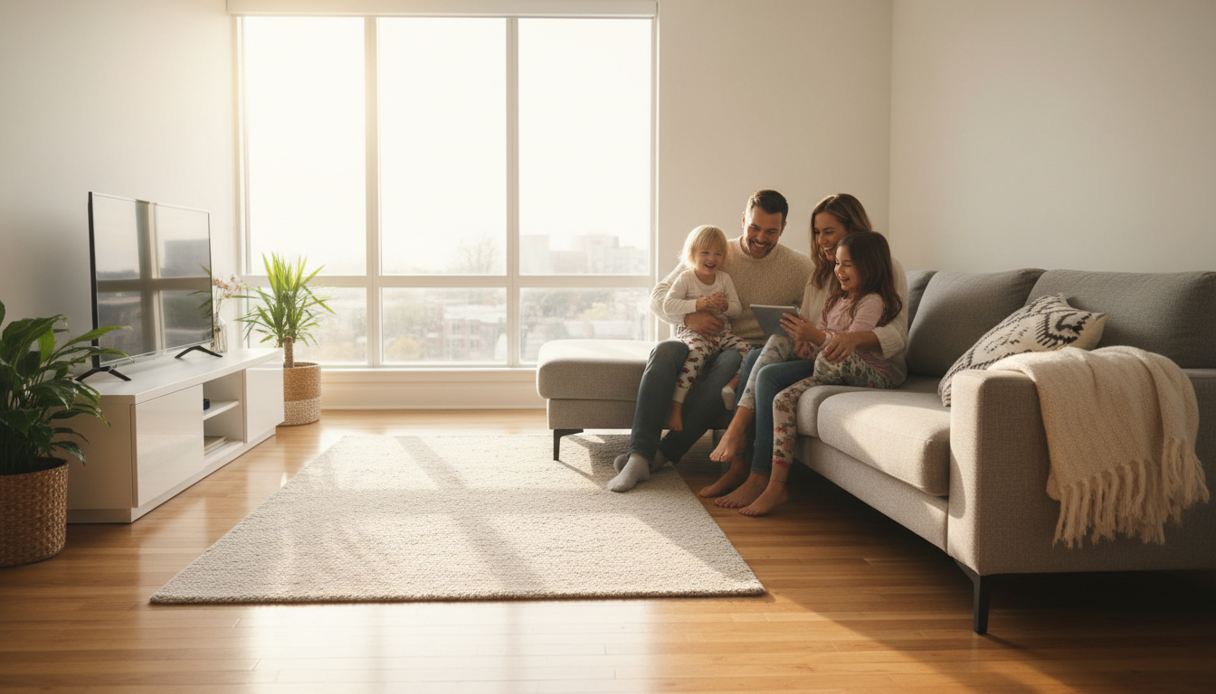 Accessing local mental health resources can help maintain stability during a custody transition. A family sitting together in a bright, modern living room representing a stable home environment.