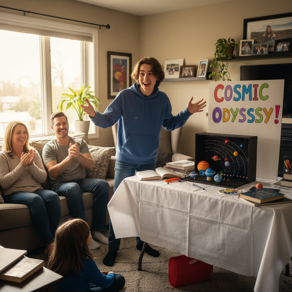 Saber comunicar uma ideia é tão importante quanto a ideia em si: o treino do pitch desenvolve oratória e confiança. Adolescente apresentando um projeto com entusiasmo em casa, gesticulando e comunicando suas ideias.