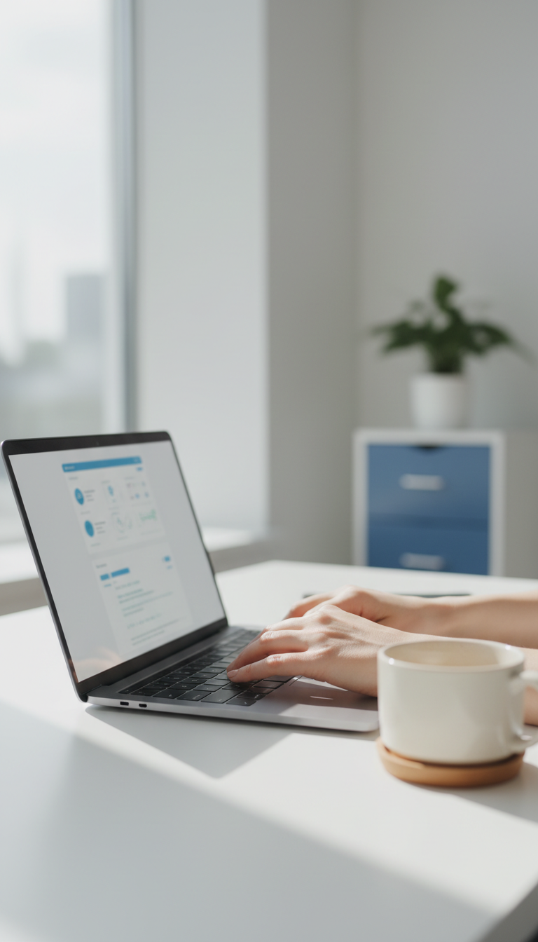 Managing and showcasing high-quality reviews is the foundation of modern lead generation. A healthcare administrator's hands typing on a laptop, managing a dashboard of customer reviews