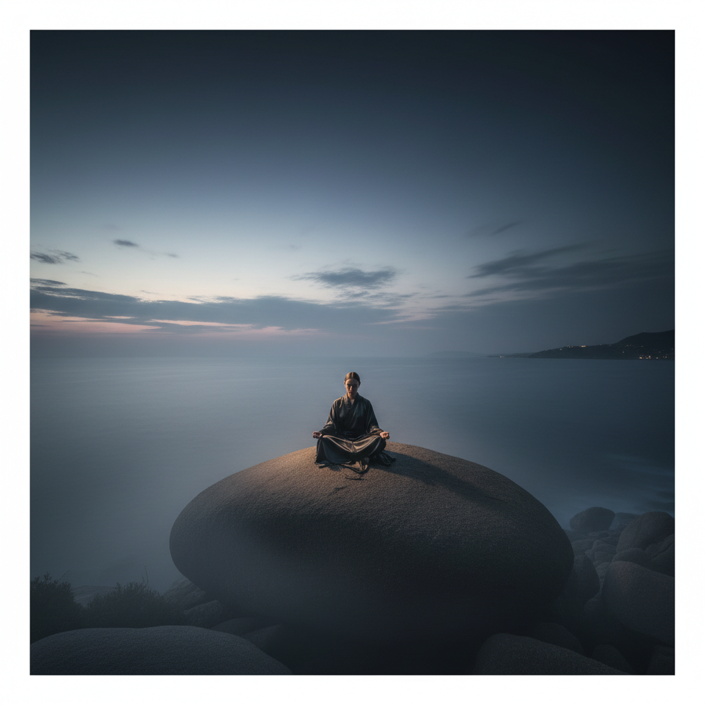 The Transformational Reset focuses on inner spaciousness and nervous system regulation. A person sitting in a meditative pose on a rock overlooking the Mediterranean Sea at dusk.