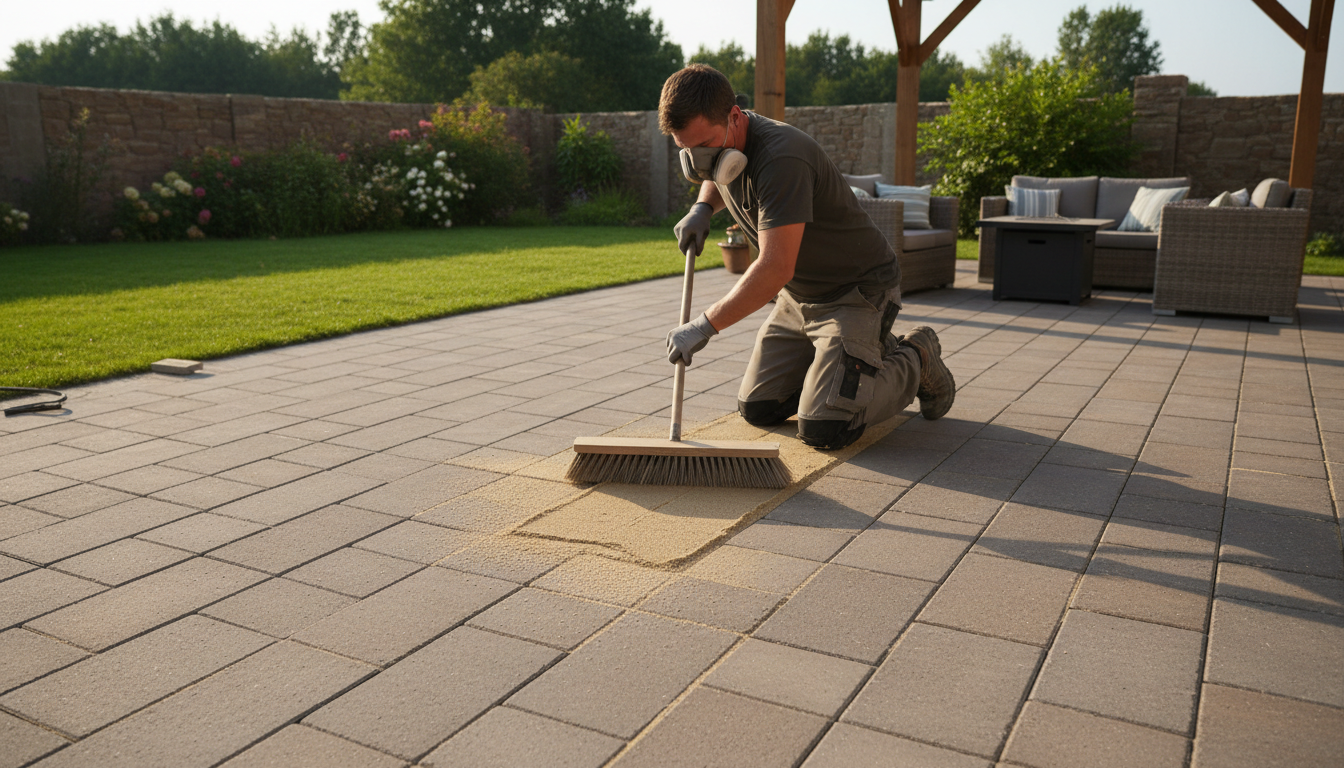 Unlike concrete, pavers can be easily maintained and repaired, preventing red flags during home inspections. Worker sweeping joint sand into paver joints to ensure a stable and professional pool deck finish