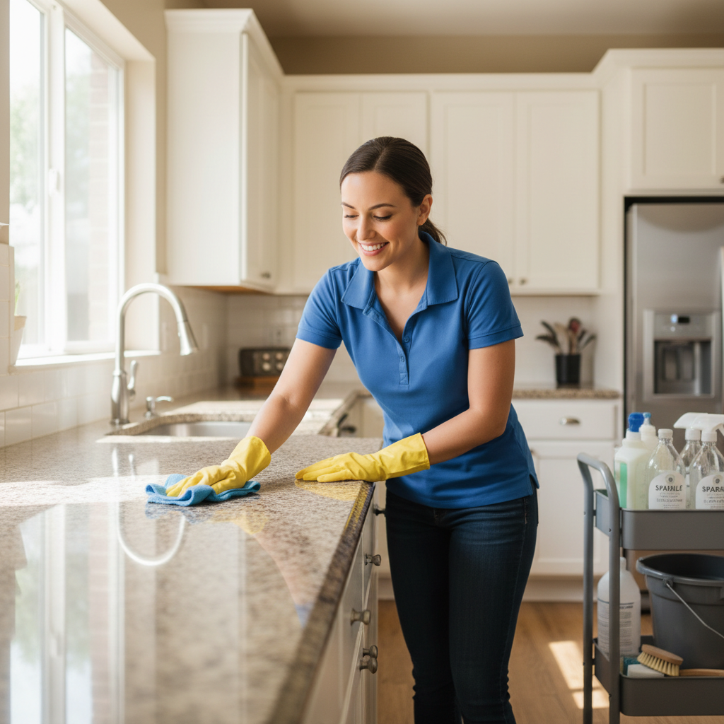 Regular cleaning maintains surfaces while deep cleaning reaches the hidden areas of your home. A professional residential cleaner wiping down a kitchen countertop using a microfiber cloth and cleaning spray.