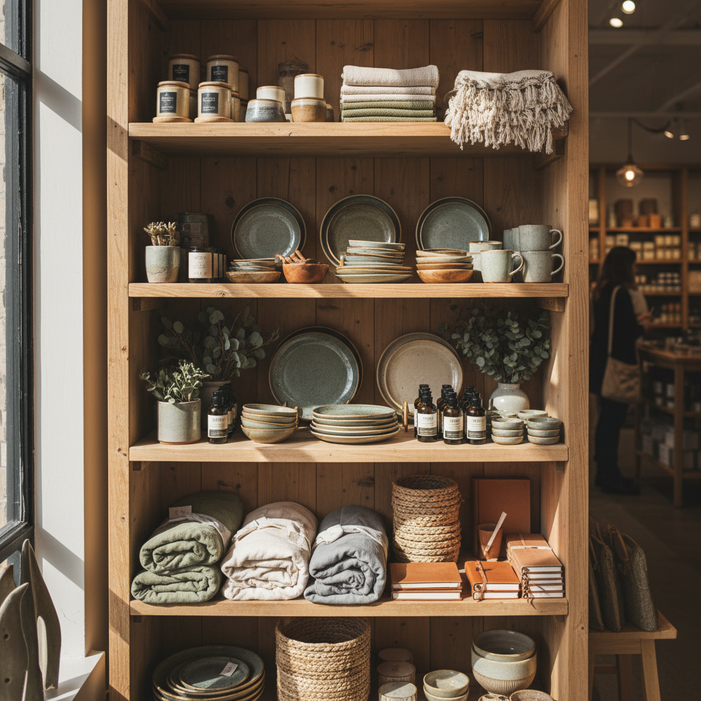 Effective organization starts with categorizing your tools by their daily utility and purpose. A thoughtfully curated product display showing home goods and tools organized on wooden shelving.