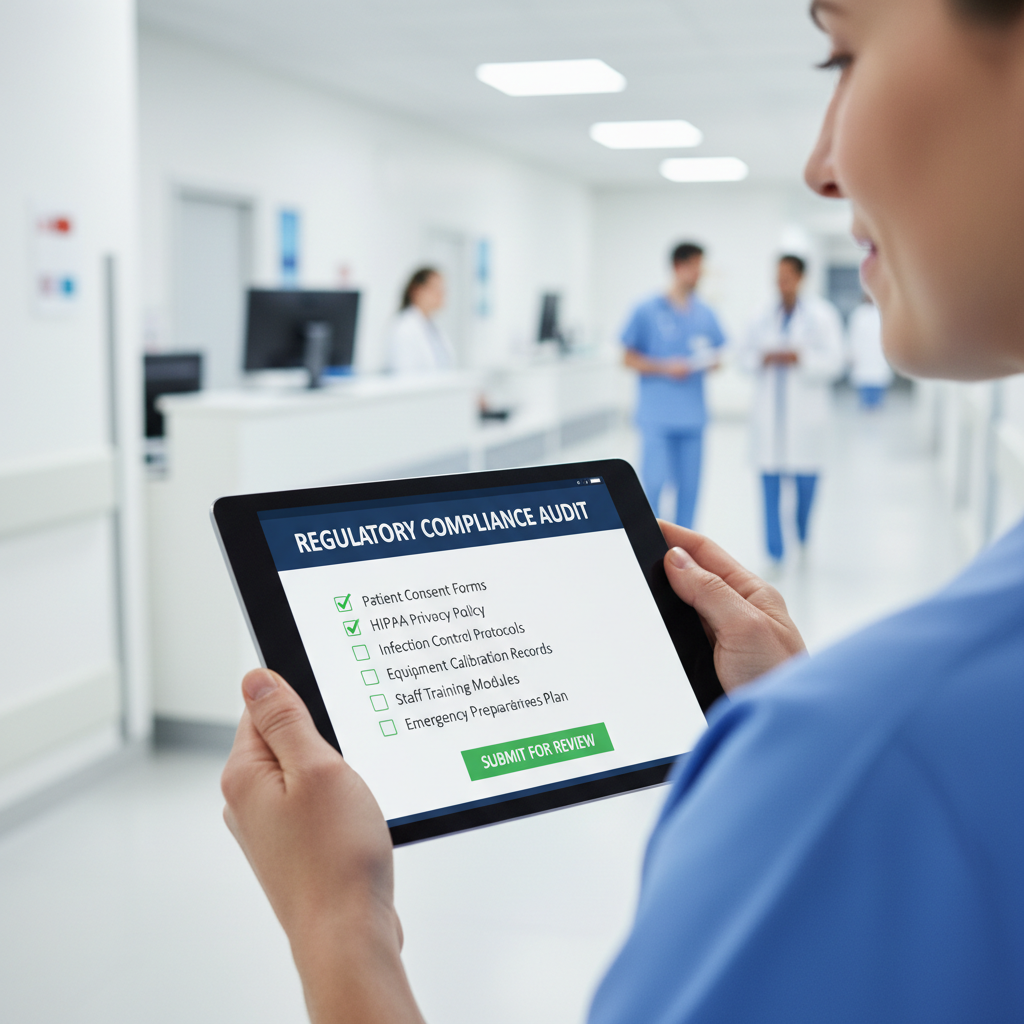 Rigorous documentation is the backbone of robotics compliance in the Australian healthcare sector. A tablet displaying a compliance checklist for robotics deployment in a professional hospital setting.
