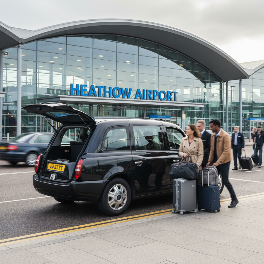 Turn your airport transfer into a tour and start exploring as soon as you land. A modern black cab parked at an airport terminal with luggage being loaded.
