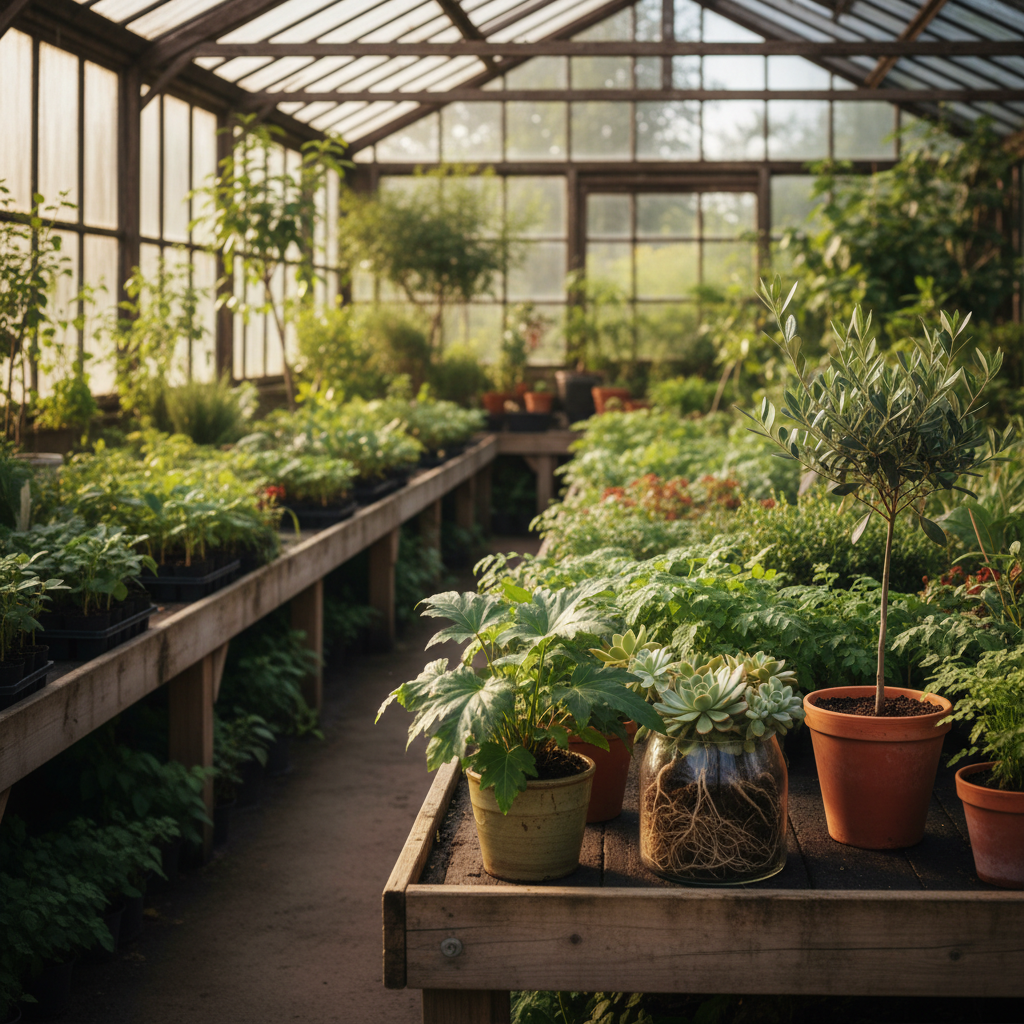 Choosing plants already acclimated to Utah's climate ensures higher survival rates. A variety of healthy perennials and saplings in a nursery greenhouse ready for transplanting.