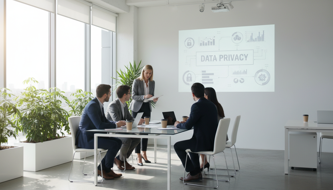 Ethical AI and strict data governance are essential pillars for enterprise data strategy in 2026. Professional business team in a modern office with natural lighting discussing data privacy and governance.