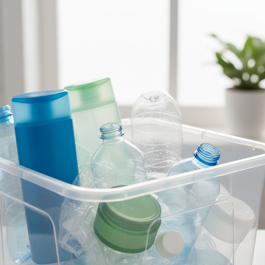 Only plastics #1 and #2 are accepted in most Box Elder County curbside programs. A variety of clean plastic bottles and containers in a clear recycling bin.