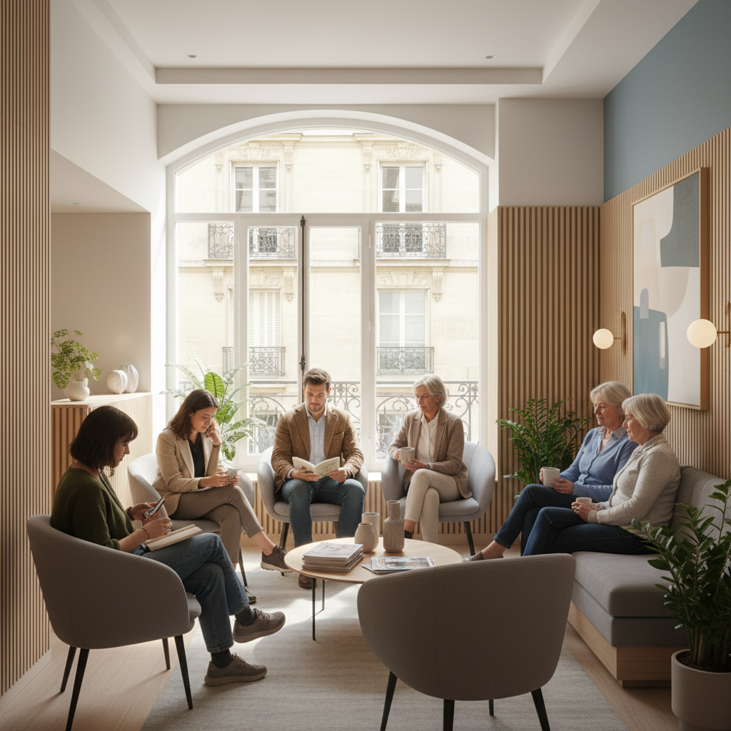 Le cabinet du Dr Yaïche offre un cadre professionnel et apaisant pour vos examens. Salle d'attente moderne et lumineuse dans un cabinet médical à Paris