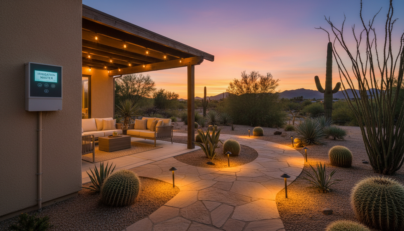 Integrated lighting transforms a functional retaining wall into a stunning evening landscape feature. Custom pathway lighting glowing against a desert backyard patio and low stone wall at dusk.