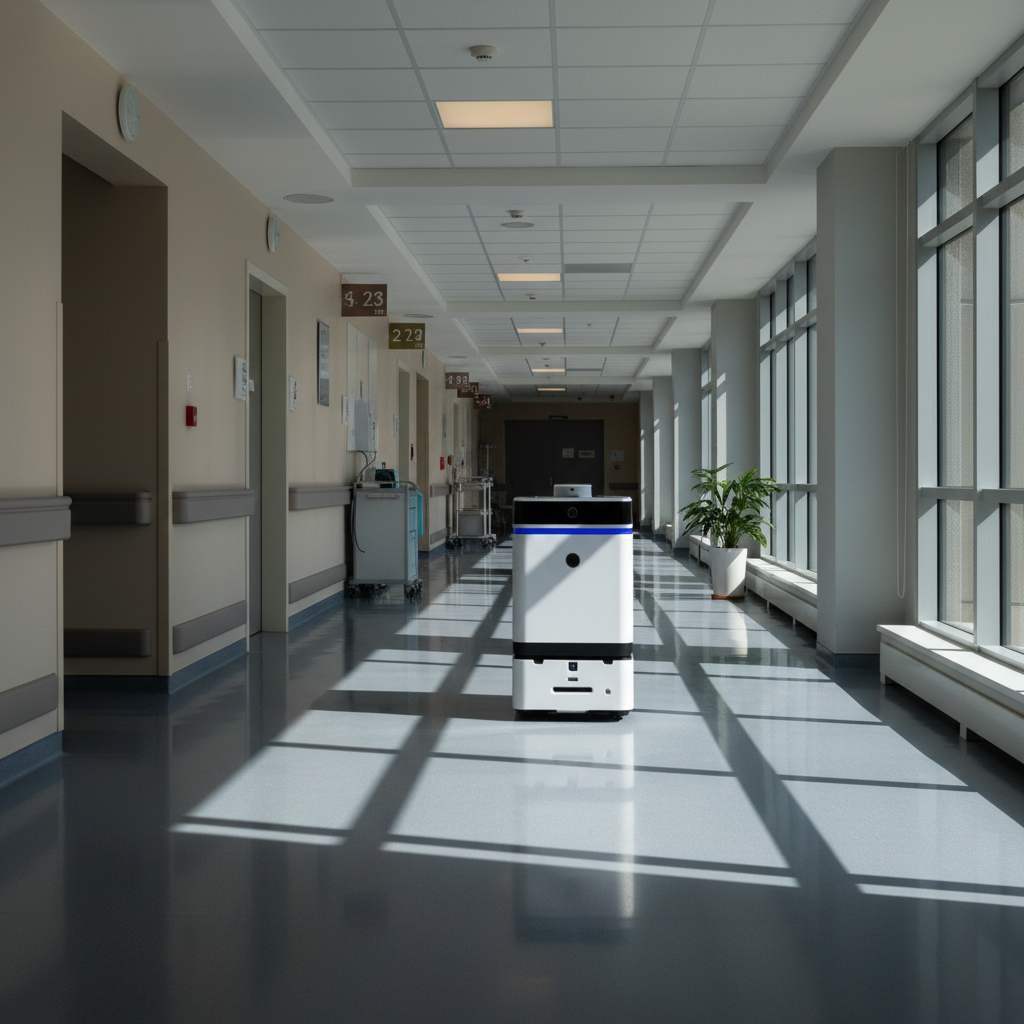 Safe navigation in busy clinical environments requires adherence to strict ISO safety standards. Autonomous mobile robot navigating a clean hospital corridor with safety sensors active.