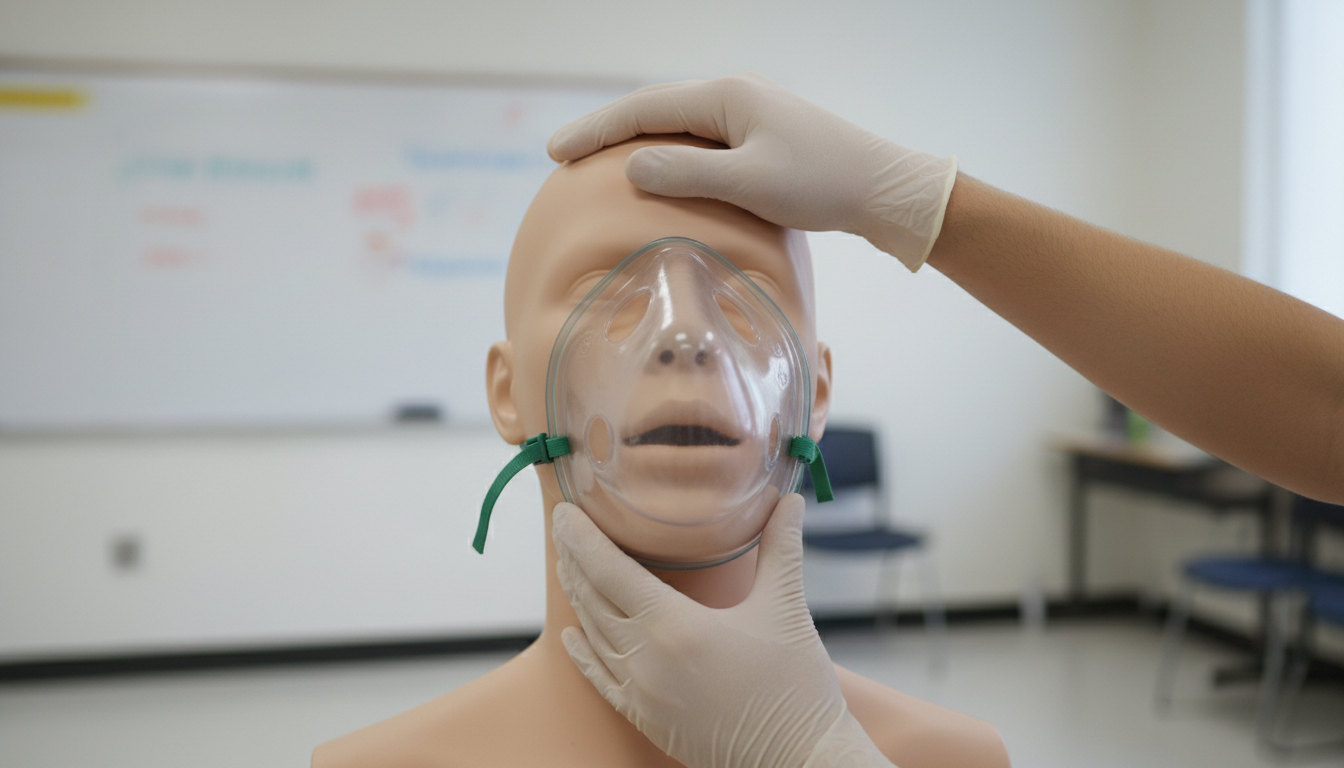 Opening the airway correctly ensures that rescue breaths are effective during an emergency. A student demonstrating the correct head tilt and mask seal for rescue breaths on a training manikin.
