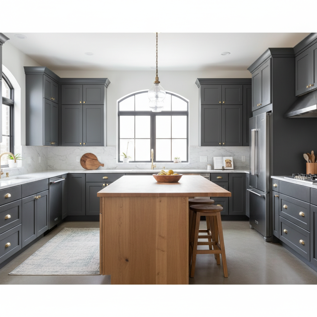 Semi-gloss is the preferred choice for kitchen cabinets due to its exceptional durability and easy cleanup. Modern kitchen with dark charcoal gray cabinets and white walls showing high-quality finish work.