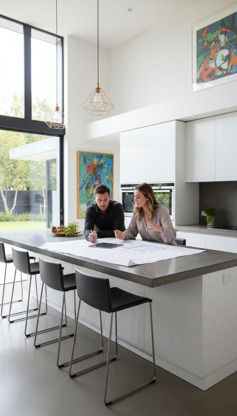 Clear communication and plan reviews ensure your exterior renovation stays on schedule. A contractor and homeowner reviewing renovation plans at a table in a modern home.