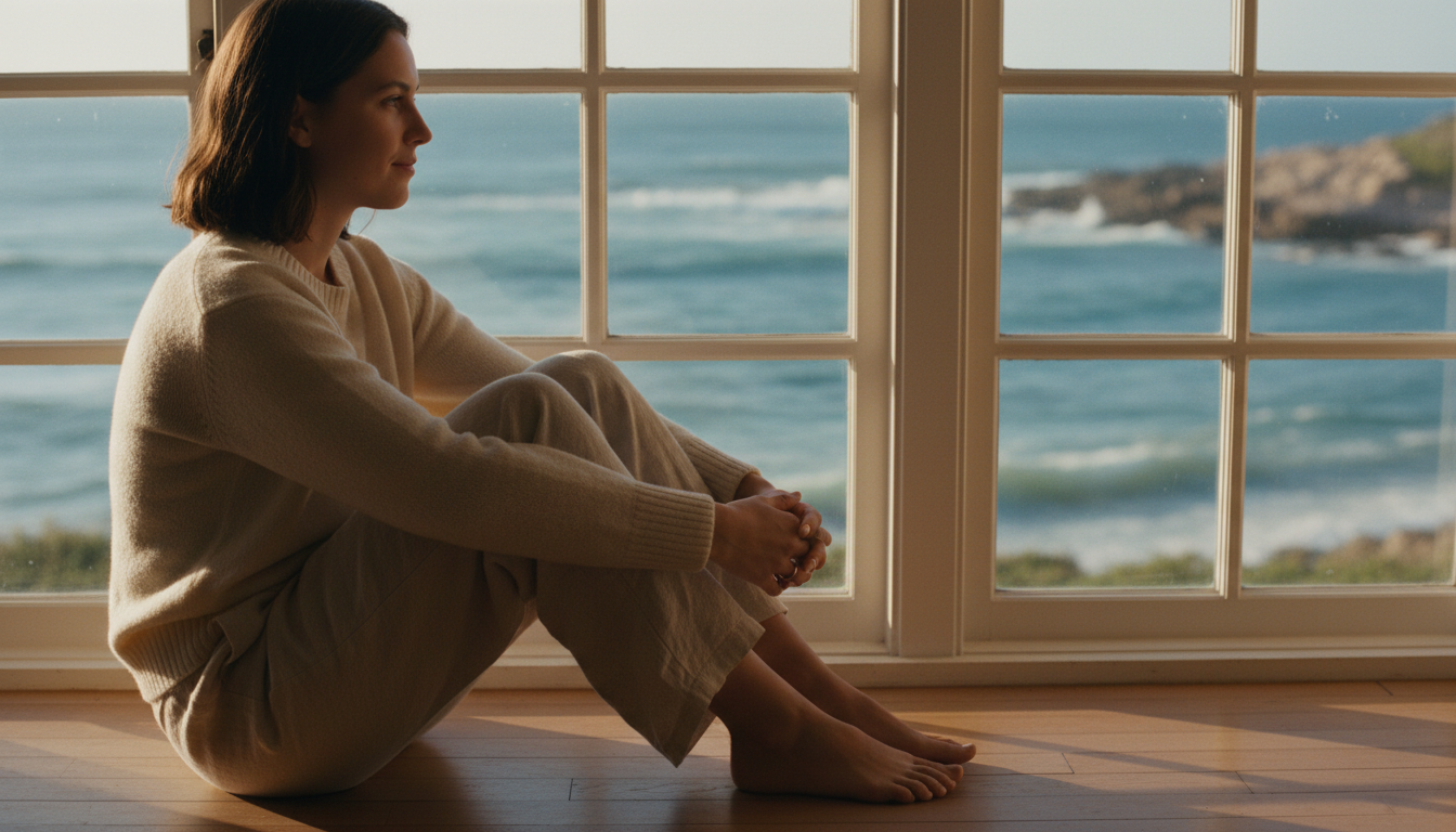 When trauma is stored in the body, words alone may not be enough to reach the root cause. Close up of a person sitting by a coastal window in deep reflection, showing the quiet internal process of healing.