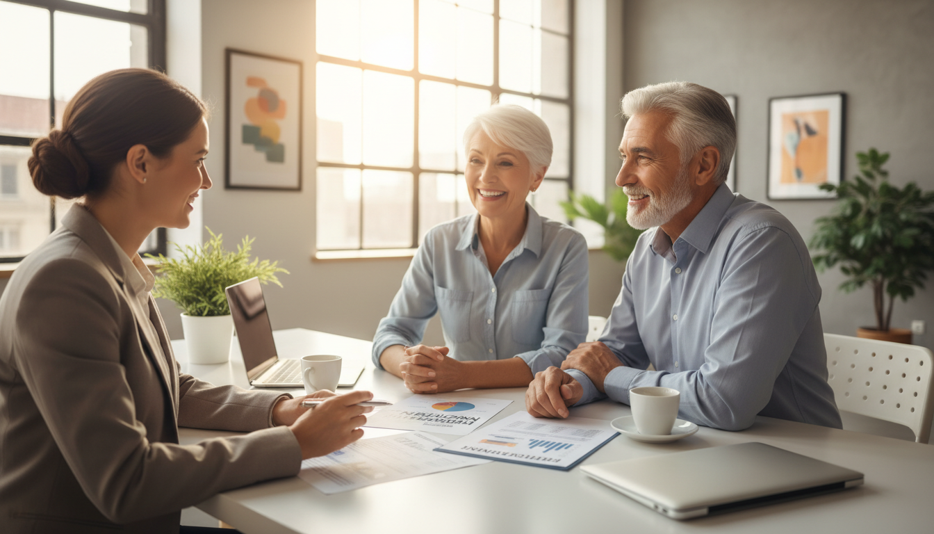 A personalized retirement analysis can reveal how RMDs impact your total tax picture. A financial advisor in a bright office reviewing retirement income documents with a retired couple at a desk.