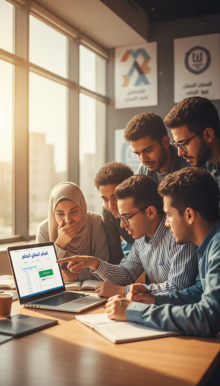مؤشرات شعبة علمي علوم تشهد تنافسية عالية على كليات القطاع الطبي مجموعة من طلاب علمي علوم يشاهدون نتائج التنسيق المتوقعة على شاشة لابتوب في مساحة تعليمية