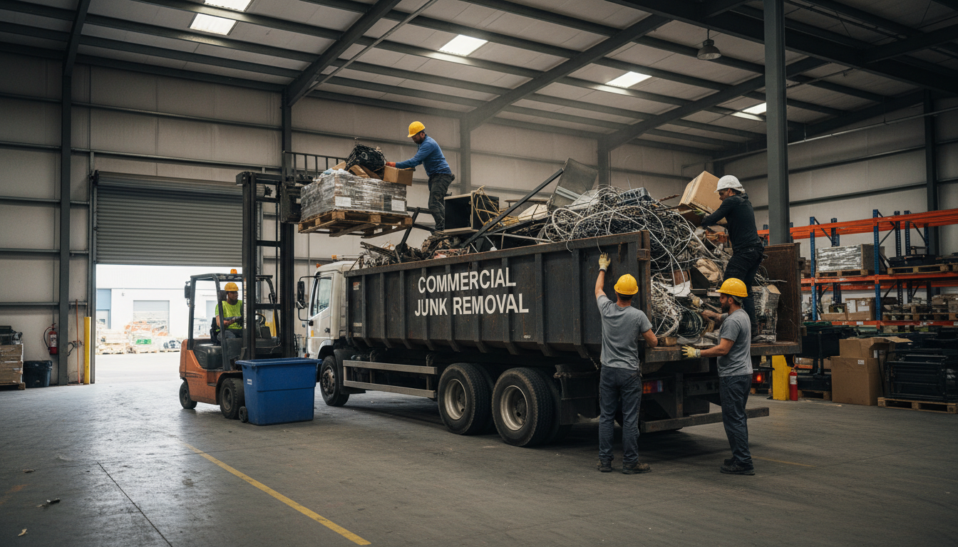Professional loading ensures you get the most value out of your truck volume. Professional crew members loading furniture and household junk into a large haul truck during a warehouse cleanout.