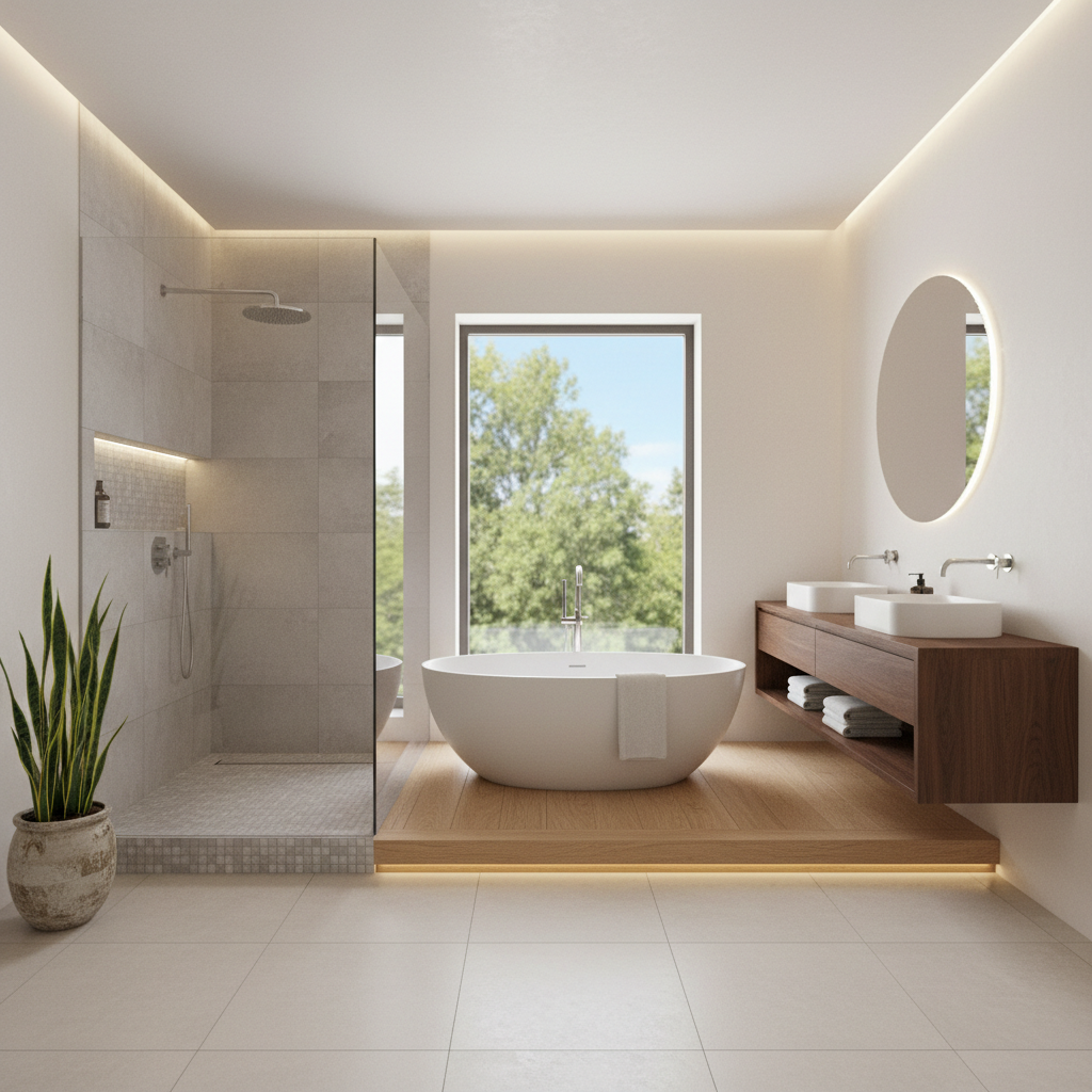 Accessibility can be elegant with the right choice of materials and layout. A modern ADA-compliant bathroom featuring a walk-in shower and stylish freestanding tub.