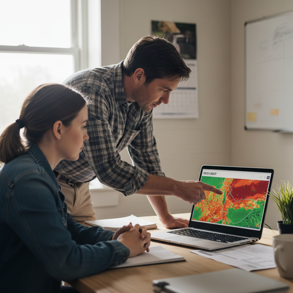 Rapid data turnaround allows agronomists to make informed decisions and complete SFI declarations on schedule. A crop consultant and a colleague reviewing a multispectral NDVI map on a laptop screen in a bright office.
