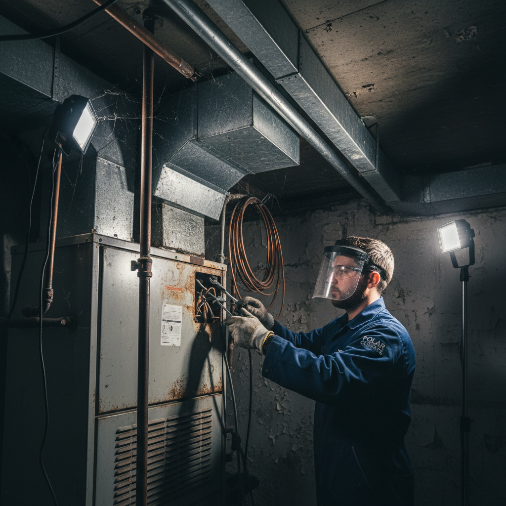 Replacing an outdated furnace can significantly improve your home's heating reliability. Technician removing an old furnace unit from a residential basement during a replacement project.
