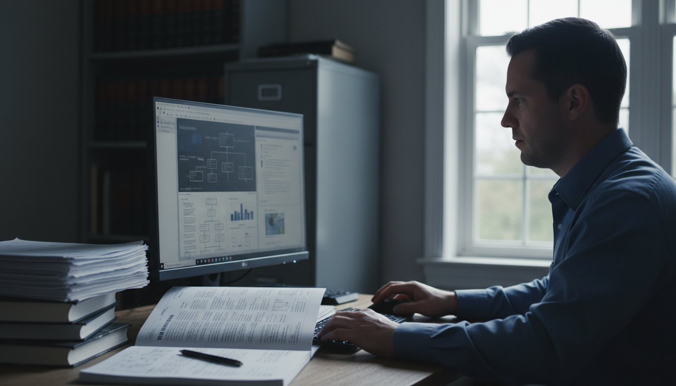 L'IA velocizza la ricerca e l'analisi dei documenti tecnici preliminari. Mandatario brevetti che analizza dati di ricerca di anteriorità su uno schermo in ufficio
