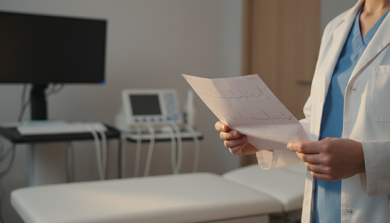 O eletrocardiograma é um dos exames essenciais para diagnosticar arritmias e sinais de sofrimento cardíaco. Mãos de médico segurando exame de eletrocardiograma com traçados de ritmo cardíaco