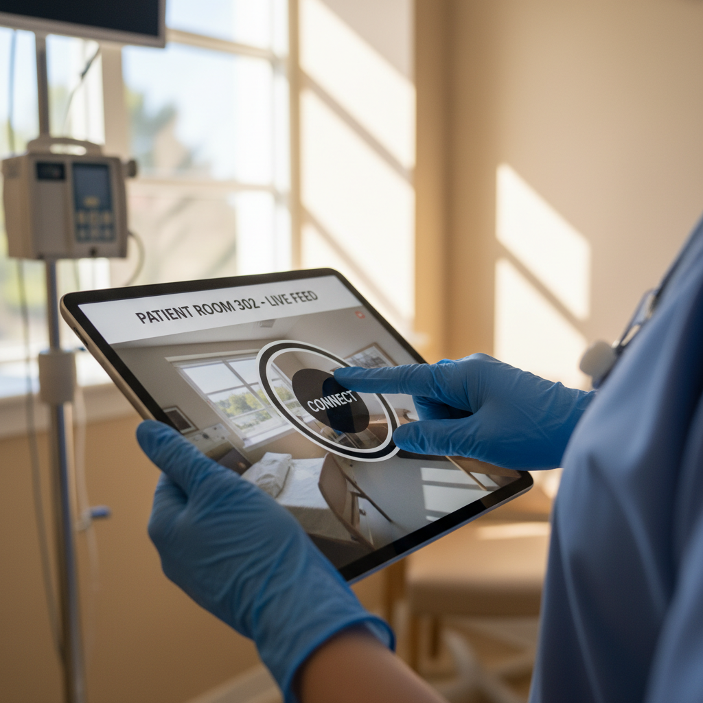 Managing sensitive patient data within robotic interfaces must comply with Australian Privacy Principles. Close up of a healthcare worker using a tablet to monitor a telepresence robot feed securely.