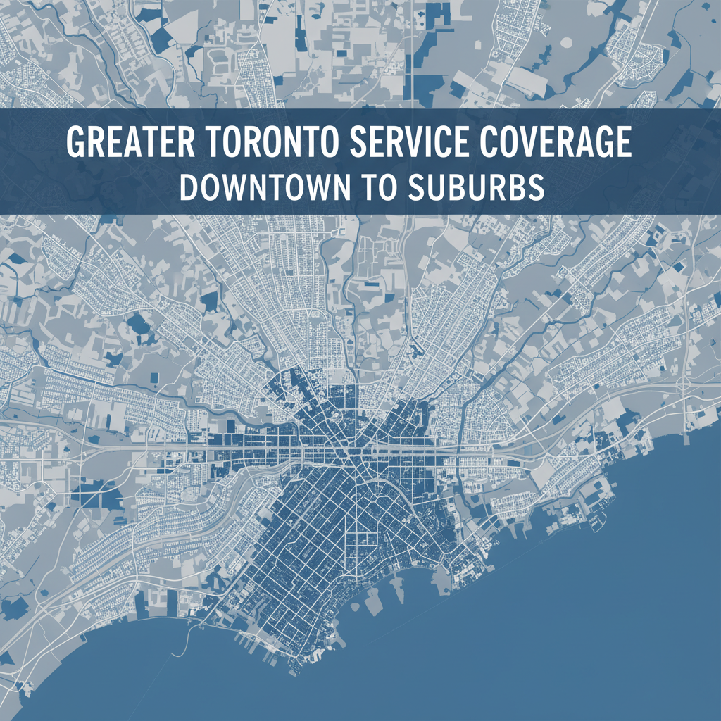 fixnclean responds to emergency door calls across the entire GTA, day or night. Aerial map view of the Greater Toronto Area showing diverse neighborhoods and service coverage regions