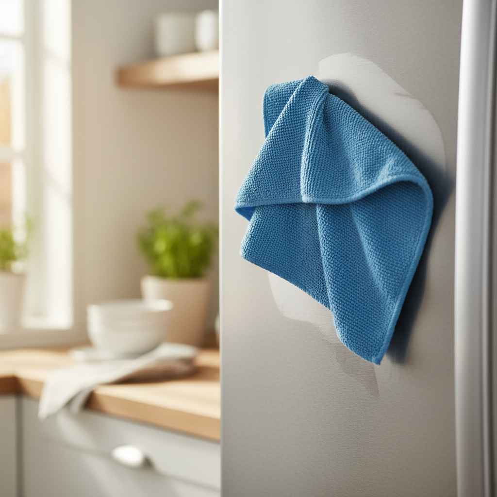 Professional kitchen deep cleaning includes detailing appliances until they are streak free. A microfiber cloth wiping a stainless steel refrigerator door to a streak free finish.