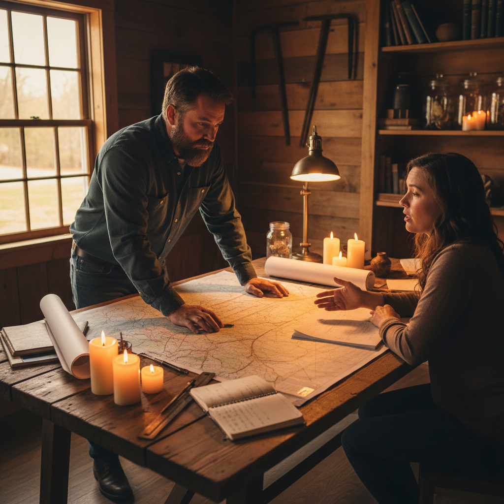 Data-driven planning ensures that sustainable practices translate into measurable soil health improvements. Jason Goble reviewing soil charts and topographic maps at a wooden table in a professional office setting.