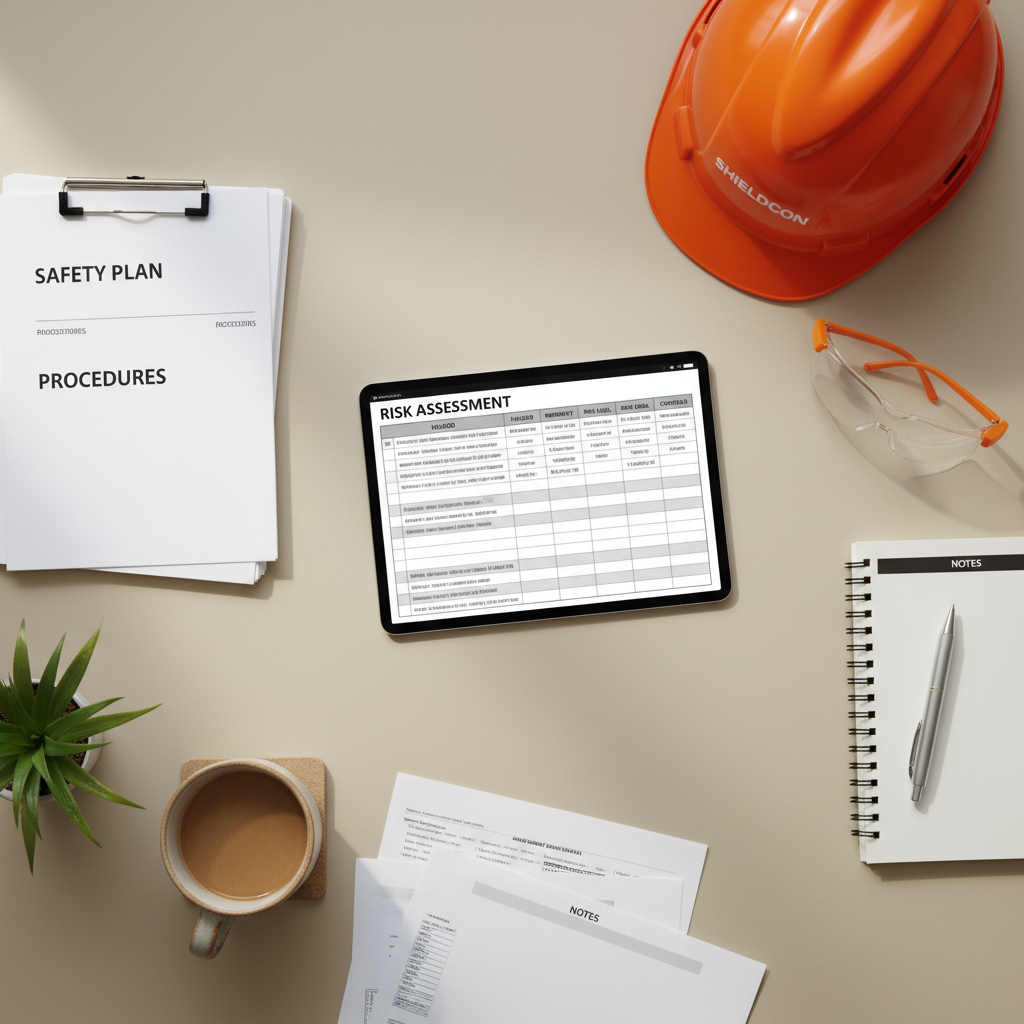 A well documented Heat Illness Prevention Plan is the first thing OSHA inspectors will request. An organized desk with safety documents, a tablet showing a risk assessment, a hard hat, and safety glasses.