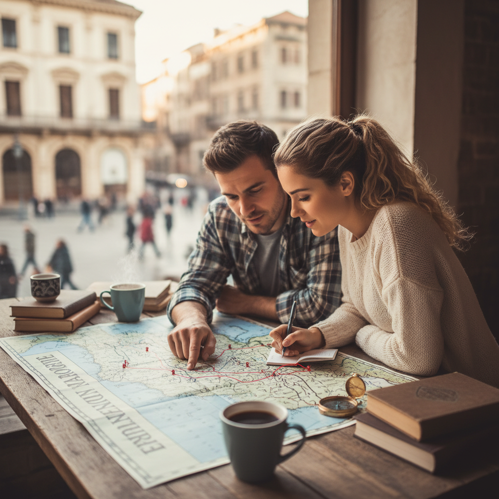 Planning your route ahead of time helps navigate Hyderabad's unique geography. Couple looking at a map while planning their travel route through the streets of Hyderabad.