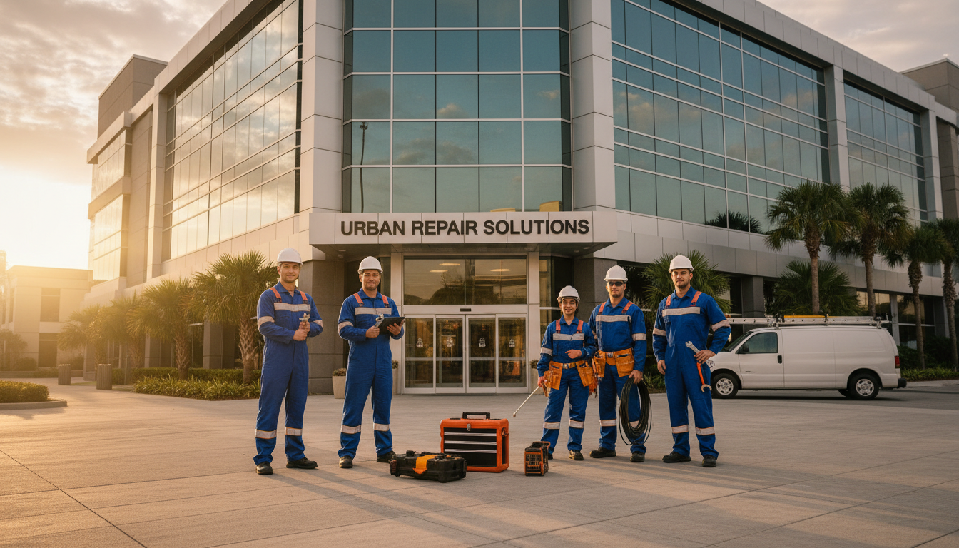 Contar com uma equipa profissional ajuda a garantir que o condomínio cumpre todas as exigências legais. Equipa de reparação profissional com ferramentas em frente a um edifício comercial moderno.