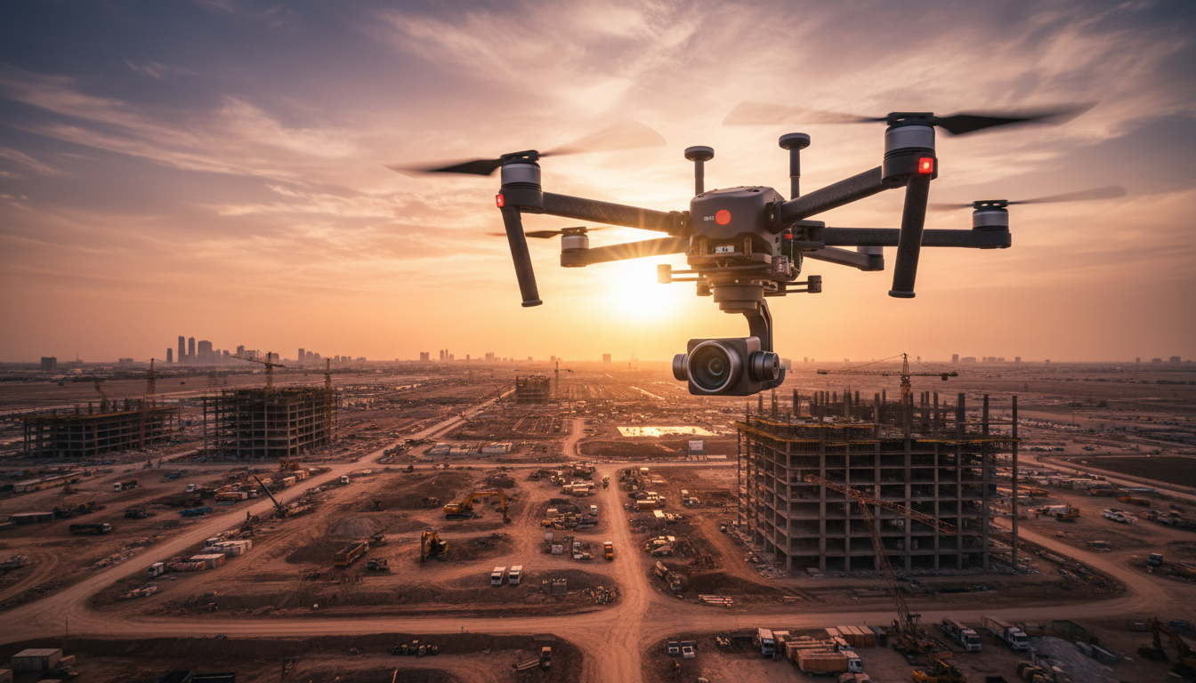 Every Riyadh mission balances optimal lighting conditions, airspace clearances, and precise camera positioning. Professional drone hovering above a large industrial construction site in Riyadh during golden-hour aerial photography mission