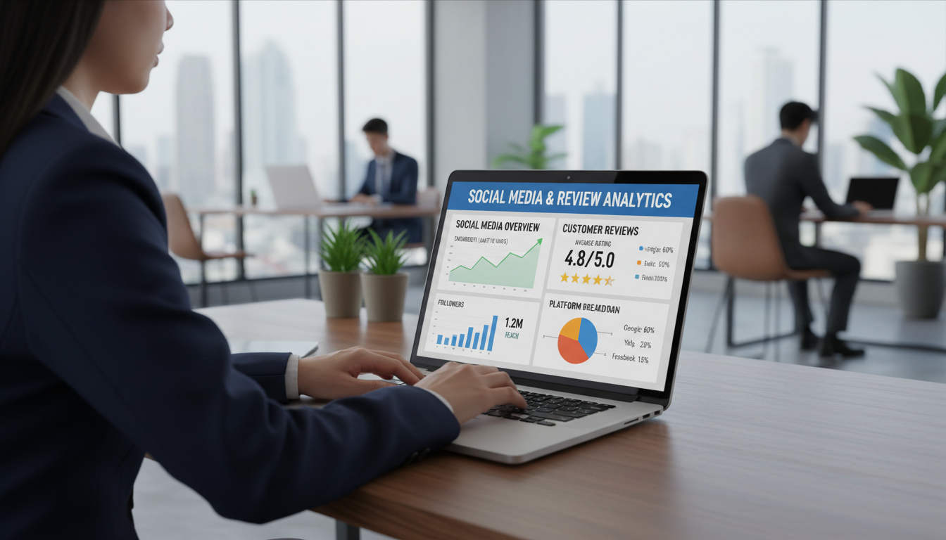 Manual tracking is becoming obsolete as comprehensive dashboards take over. A laptop screen showing a comprehensive business dashboard with social media and review analytics in a modern office.