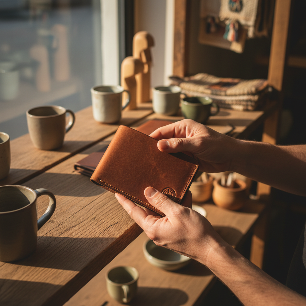 Local retail allows you to physically inspect quality before making a purchase. Close-up of hands inspecting the quality and craftsmanship of a product on a wooden shelf.
