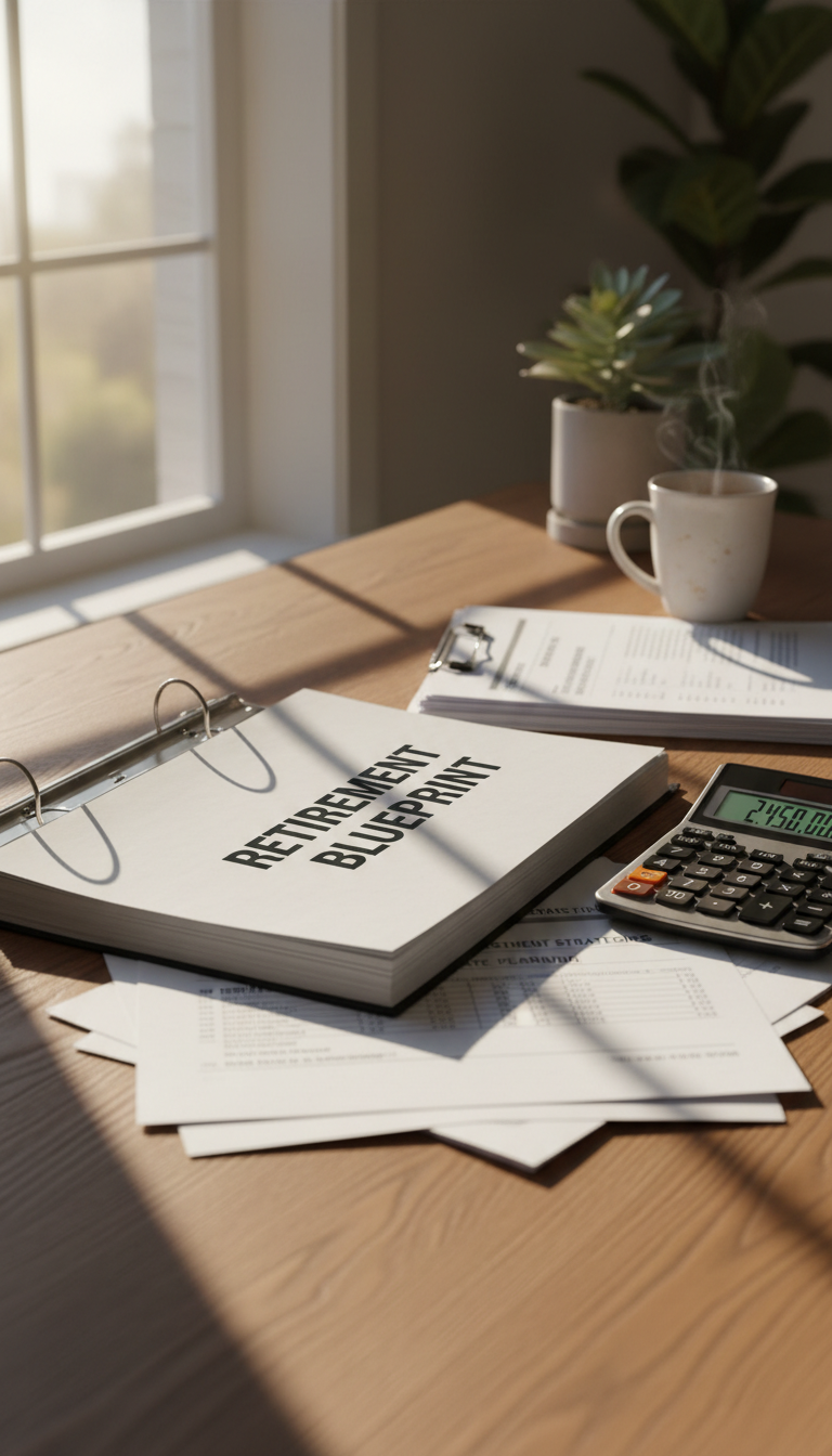 Calculating the net impact of the COLA after Medicare premiums requires careful planning. A close up of retirement planning documents, a calculator, and a pen on a desk in warm natural light.