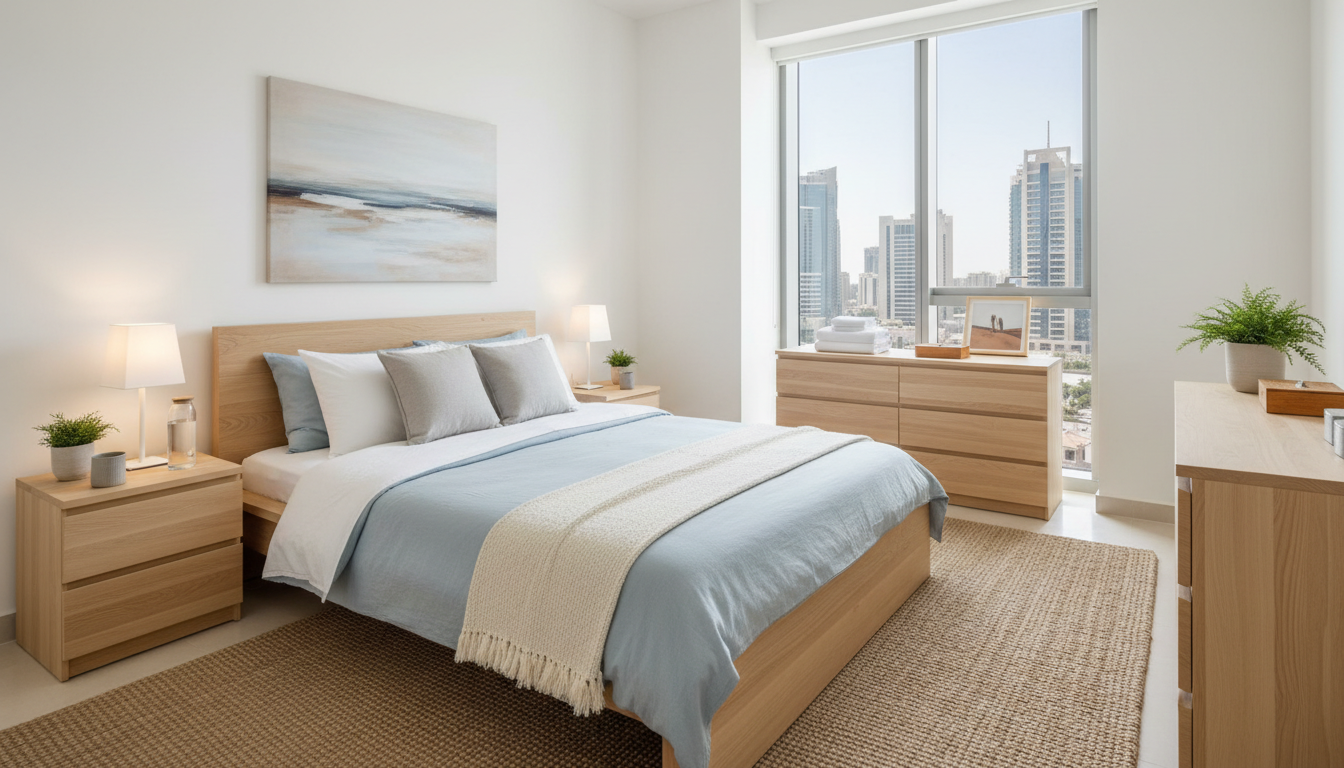 Quality brands like Ikea and Nabco retain significant resale value in the Doha market. A complete Ikea bedroom set with a bed frame and nightstands in a clean Doha apartment.