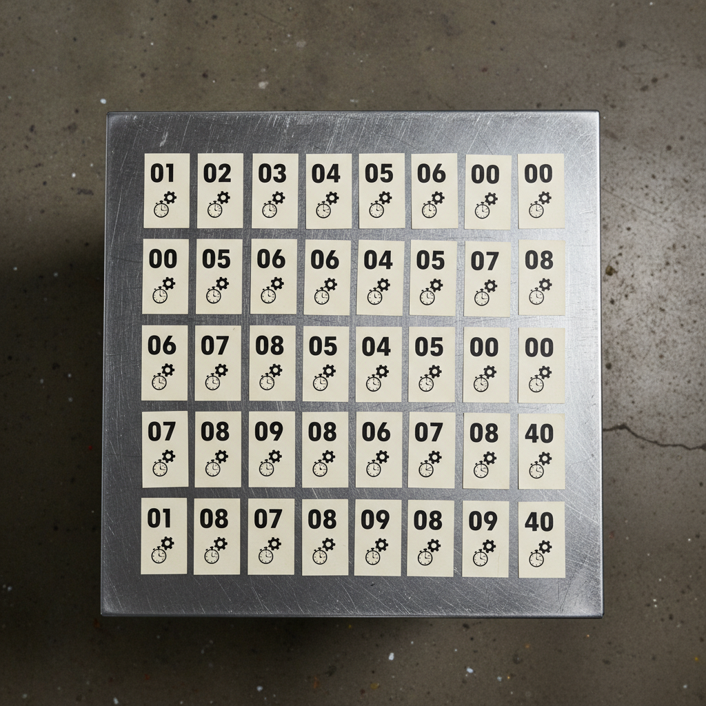 Performance cards turn vague expectations into measurable, daily standards for your sales team. Numbered performance cards spread across a steel workshop table in a grid-like pattern.
