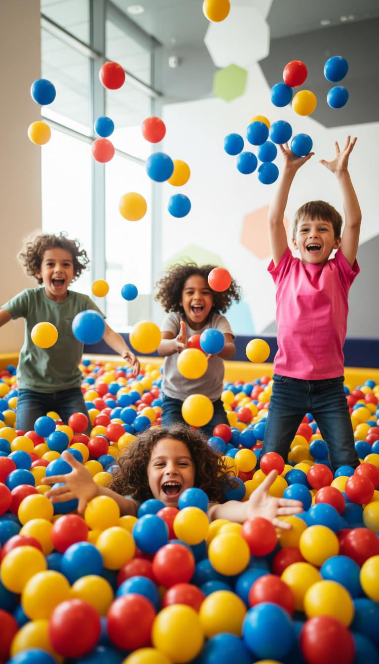 Active social play is a vital break from the structured environment of a classroom. Diverse children playing and diving into a vibrant ball pit with primary colored balls.