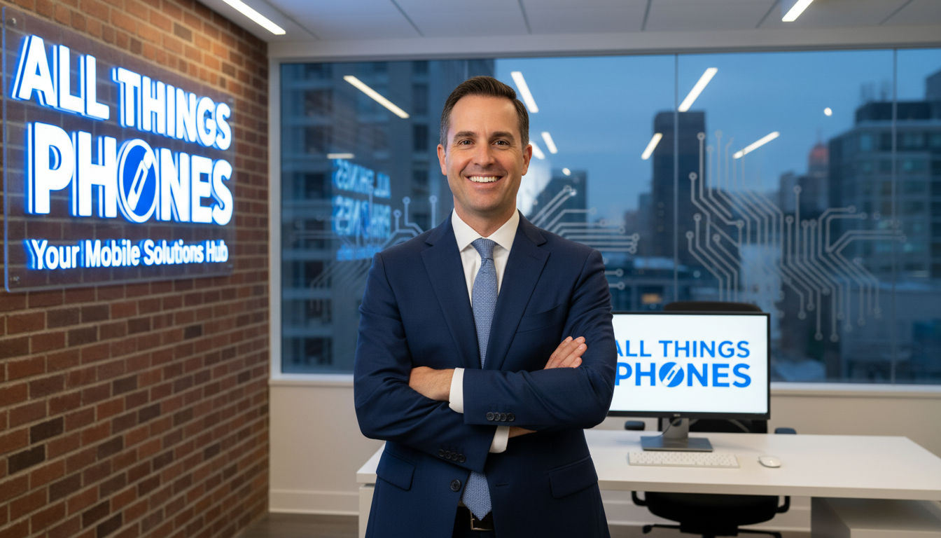 We believe technology should be accessible to everyone, regardless of their tech-savviness. Jason Goble, owner of All Things Phones, smiling in a professional and welcoming retail environment.